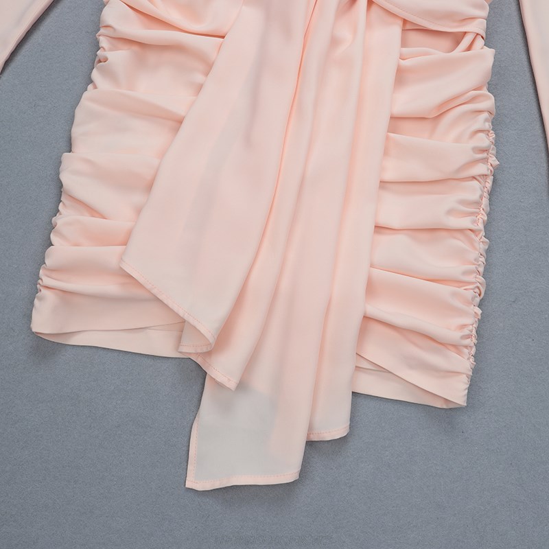 Herve Leger Pink Long Sleeve Plunge V Neck Ruched Dress