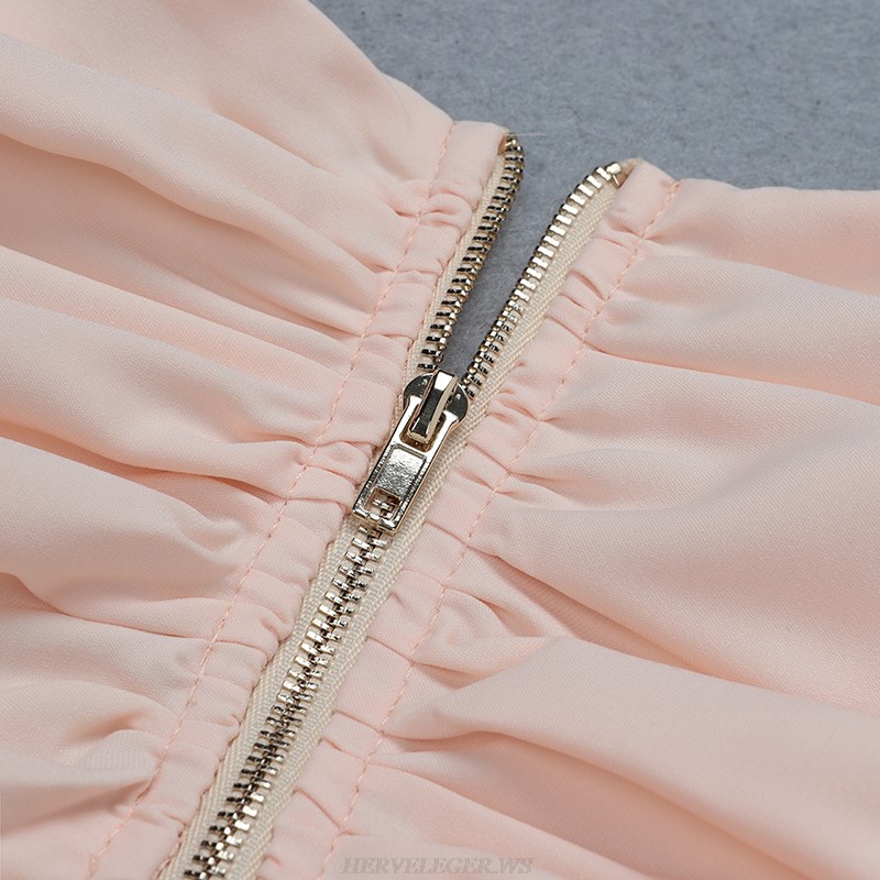 Herve Leger Pink Long Sleeve Plunge V Neck Ruched Dress