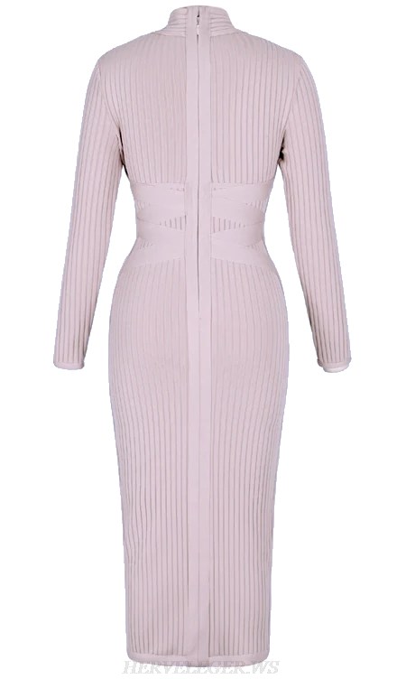 Herve Leger Nude Long Sleeve Ribbed Bandage Dress