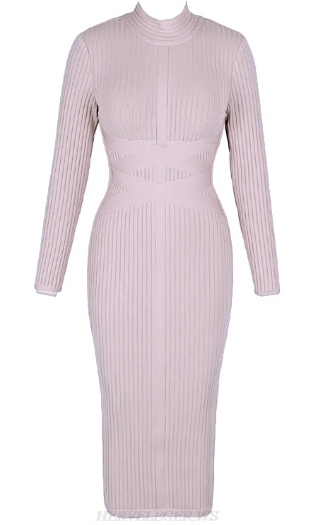 Herve Leger Nude Long Sleeve Ribbed Bandage Dress