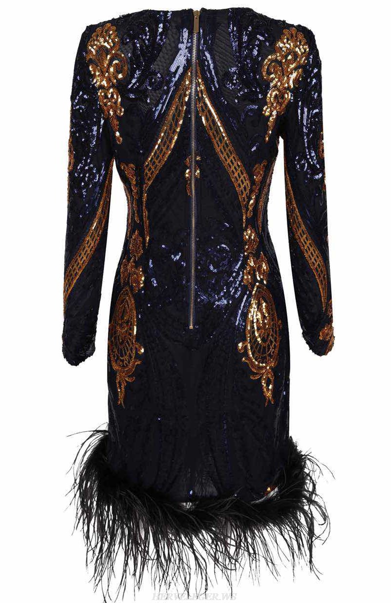 Herve Leger Blue Gold Long Sleeve Sequin Feather Dress