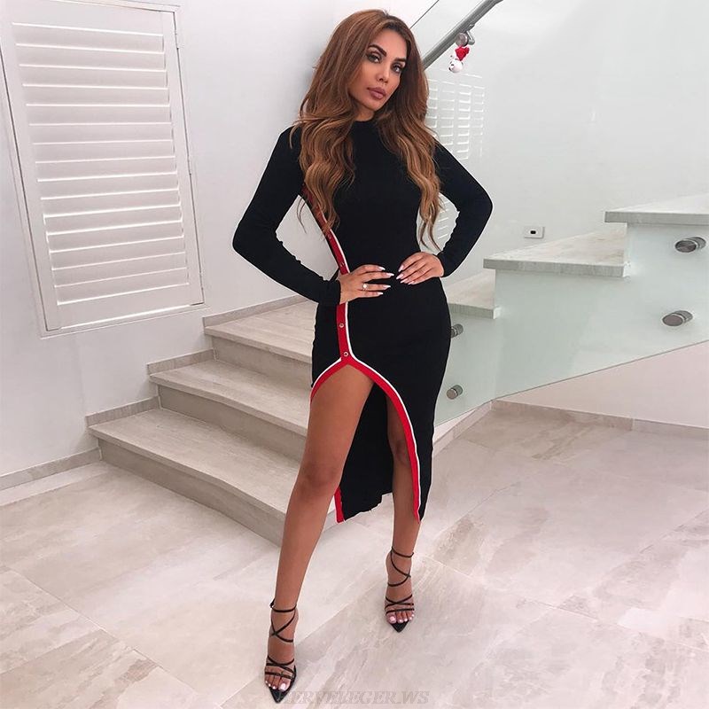 Herve Leger Black Red White Long Sleeve Slit Stars Bandage Dress