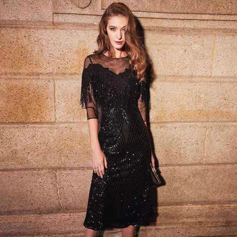 Herve Leger Black Mesh Sequin Tassel Stars Dress
