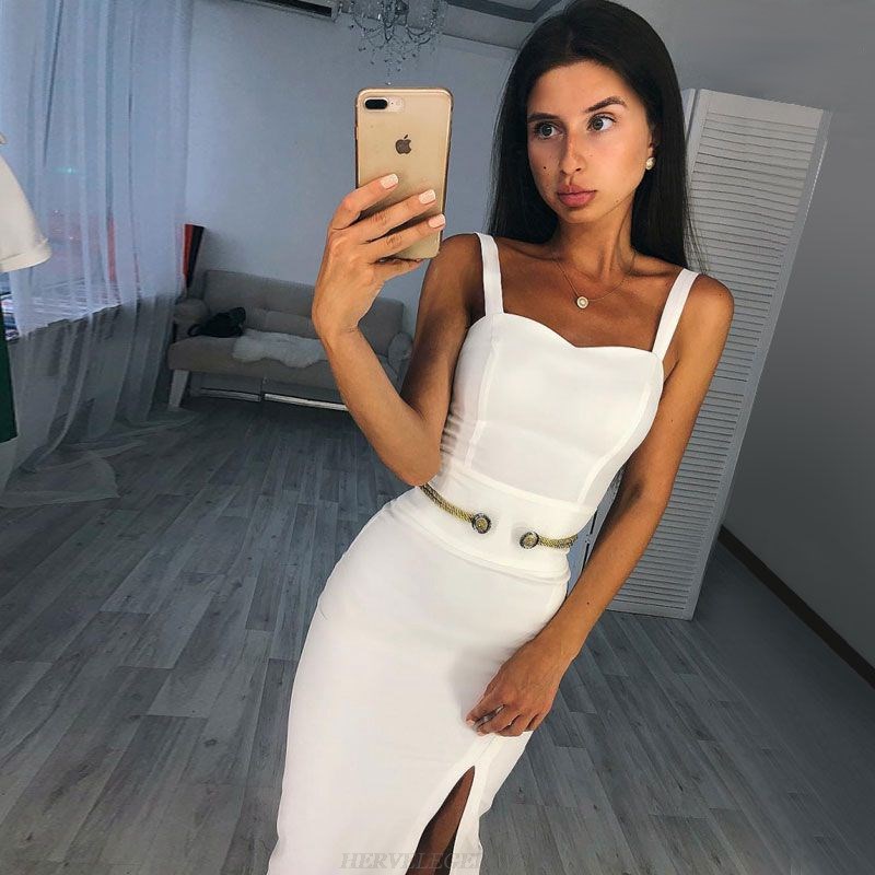 Herve Leger White Officer Slit Bandage Dress