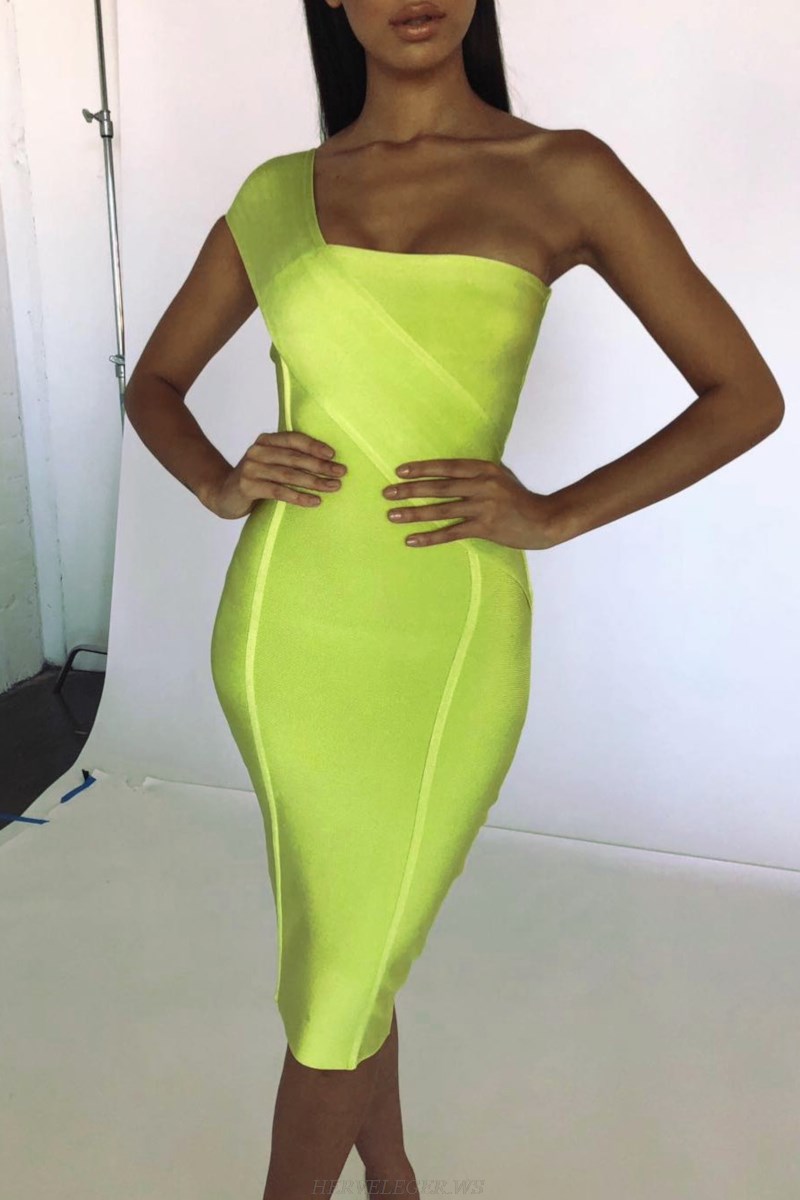 Herve Leger Lime One Shoulder Bandage Dress