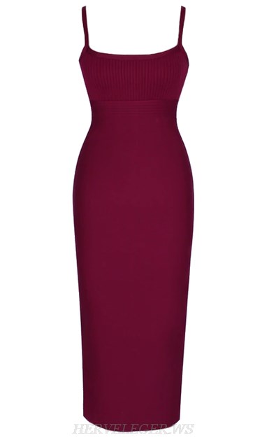 Herve Leger Burgundy Ribbed Detail Bandage Dress