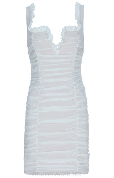 Herve Leger White Ruched Bandage Dress
