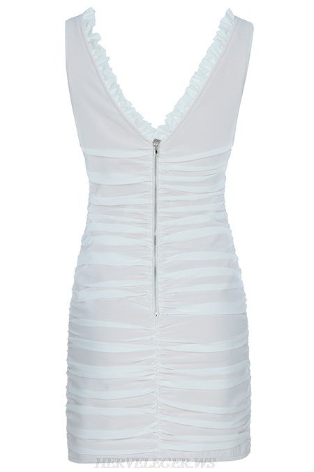 Herve Leger White Ruched Bandage Dress