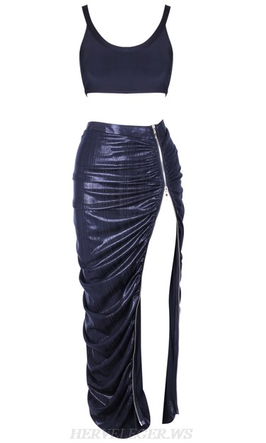 Herve Leger Black Ruched Zipper Maxi Two Piece Bandage Dress