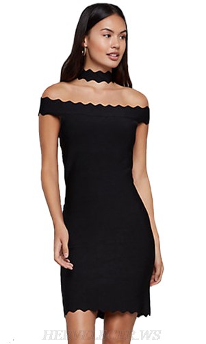 Herve Leger Black Scalloped Bardot Choker Bandage Dress