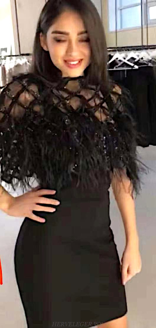 Herve Leger Black Sequin Feather Bandage Dress