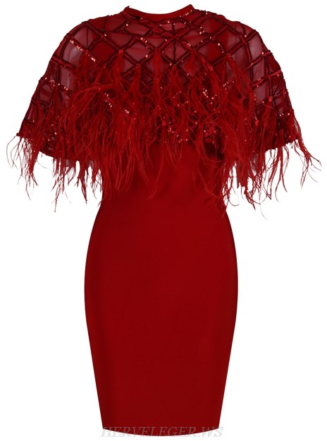 Herve Leger Red Sequin Feather Bandage Dress