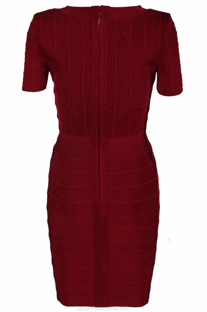 Herve Leger Burgundy Short Sleeve Bandage Dress