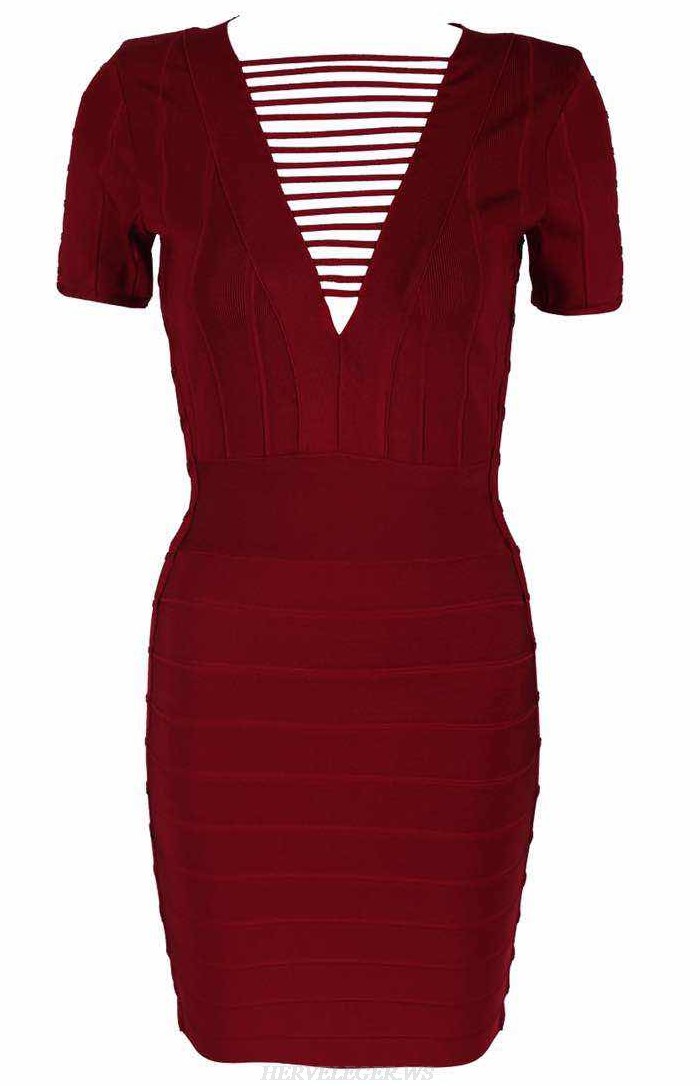 Herve Leger Burgundy Short Sleeve Bandage Dress