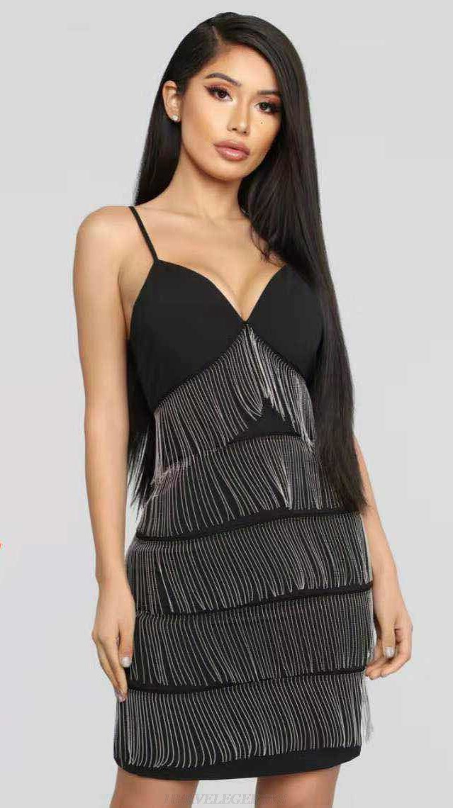 Herve Leger Black V Neck Tassel Bustier Bandage Dress