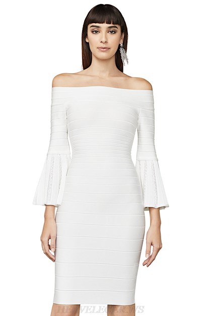 Herve Leger White Trumpet Sleeve Bardot Strapless Bandage Dress