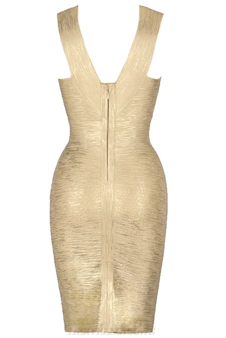 Herve Leger Gold V Neck Woodgrain Foil Print Bandage Dress