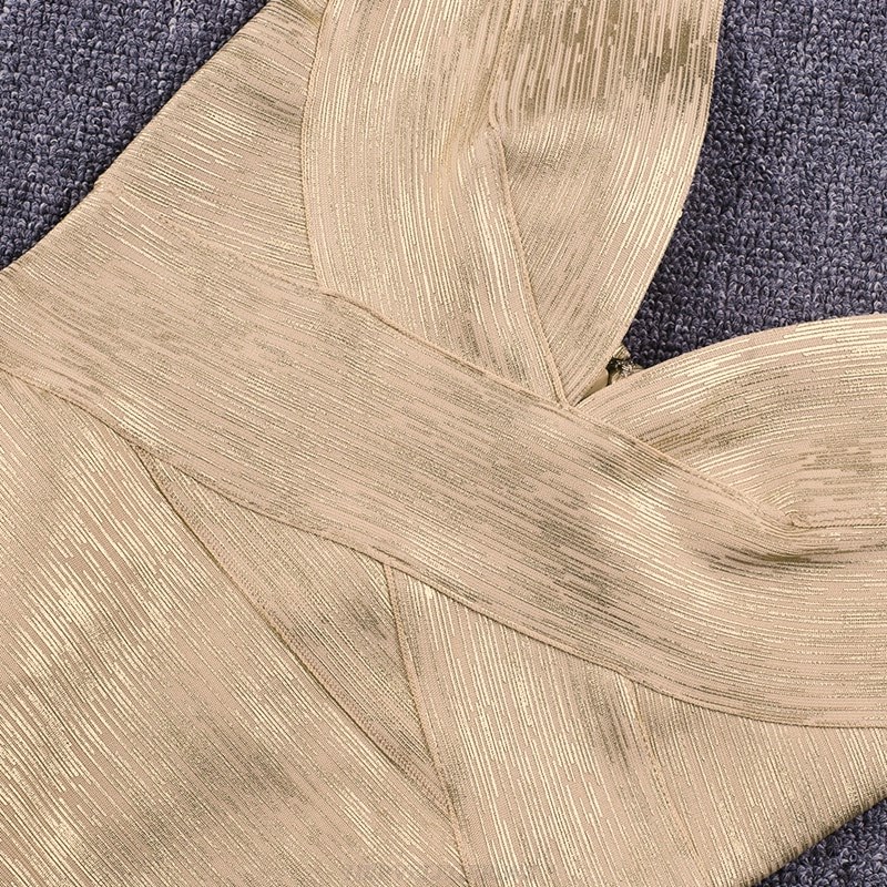 Herve Leger Gold V Neck Woodgrain Foil Print Bandage Dress