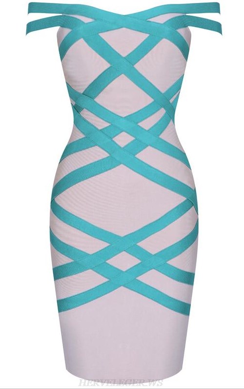 Herve Leger Nude Green Bardot Bandage Dress