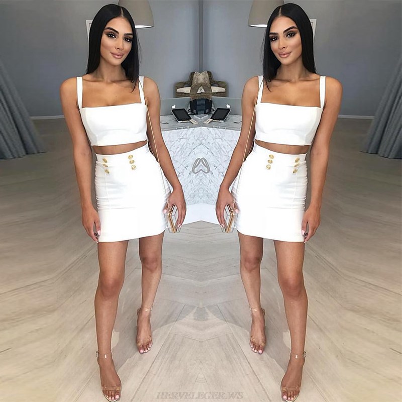 Herve Leger White Button Detail Two Piece Bandage Dress