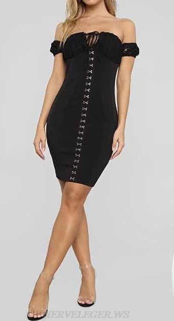Herve Leger Black Corset Bardot Bandage Dress