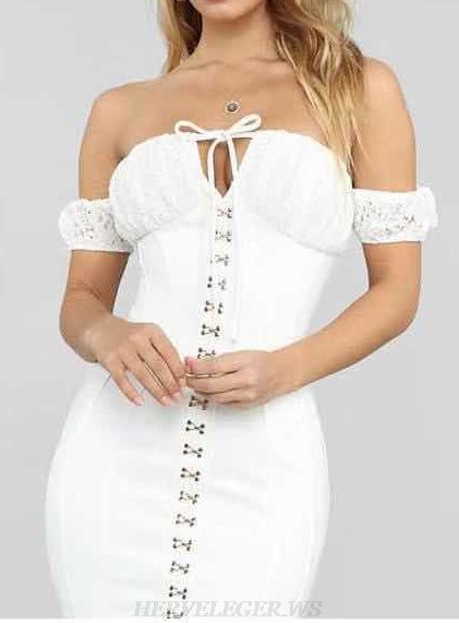 Herve Leger White Corset Bardot Bandage Dress