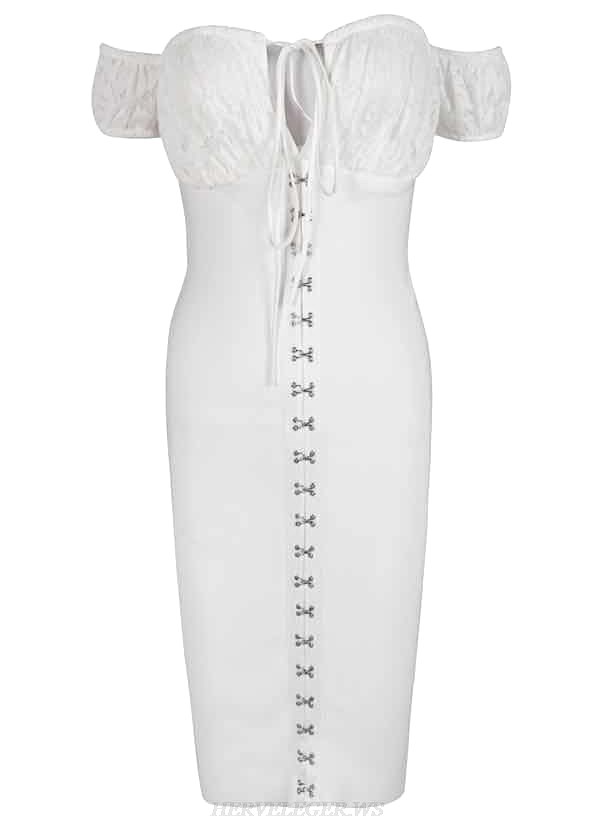 Herve Leger White Corset Bardot Bandage Dress