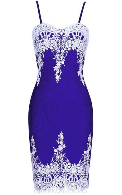 Herve Leger Blue White Crochet Strapless Bandage Dress