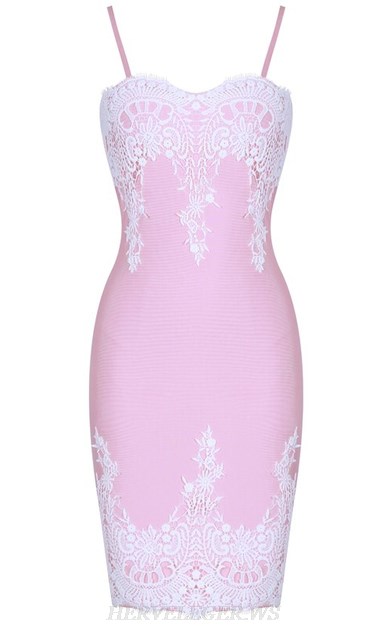 Herve Leger Pink White Crochet Strapless Bandage Dress