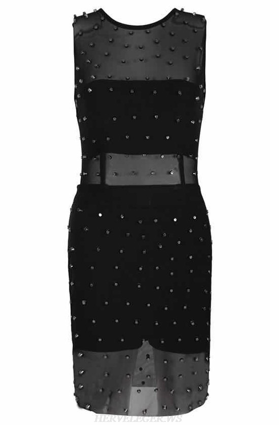 Herve Leger Black Embellished Mesh Stars Bandage Dress