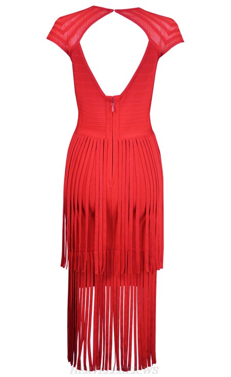 Herve Leger Red Fringe Backless Bandage Dress