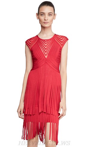Herve Leger Red Fringe Backless Bandage Dress