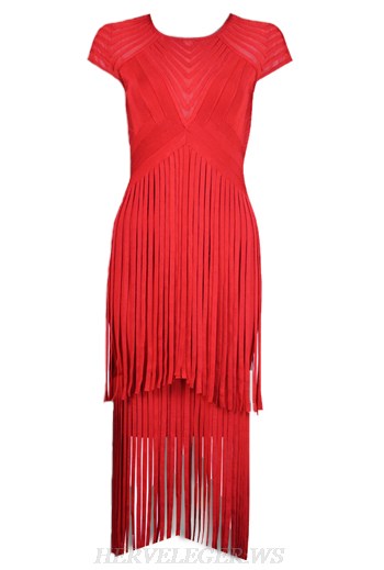 Herve Leger Red Fringe Backless Bandage Dress