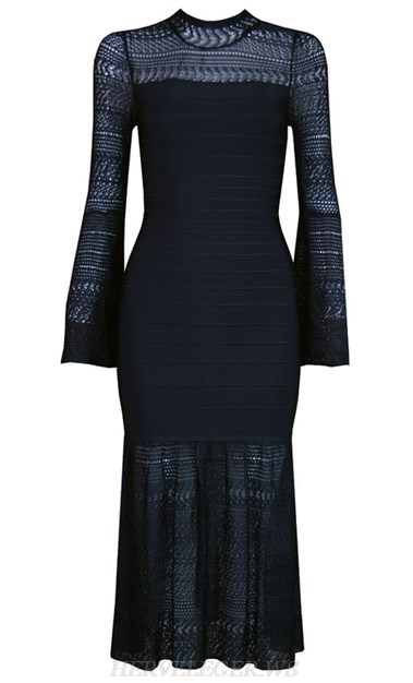 Herve Leger Black Long Sleeve Crochet Fluted Bandage Dress