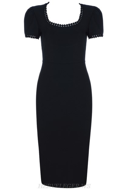 Herve Leger Black Short Sleeve Crochet Bandage Dress