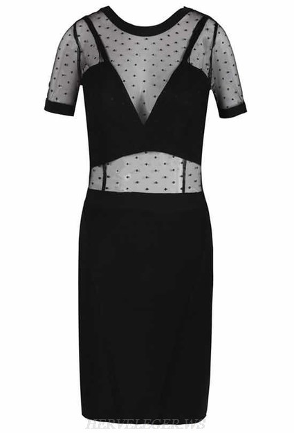 Herve Leger Black Short Sleeve Mesh Bandage Dress