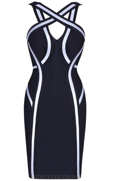 Herve Leger Black And White Strappy Bandage Dress