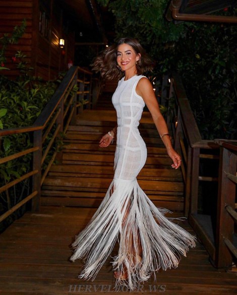 Herve Leger White Caged Mesh Fringe Stars Gown