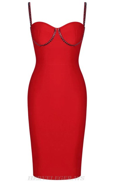 Herve Leger Red Chain Bustier Bandage Dress