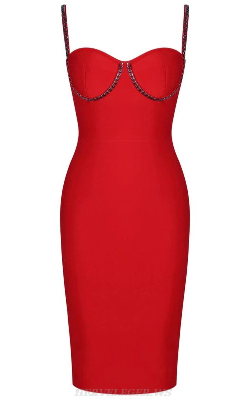Herve Leger Red Chain Bustier Bandage Dress