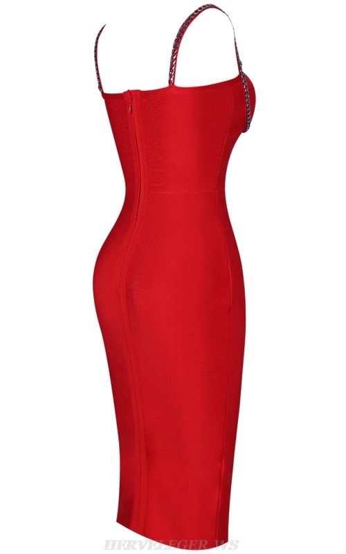Herve Leger Red Chain Bustier Bandage Dress
