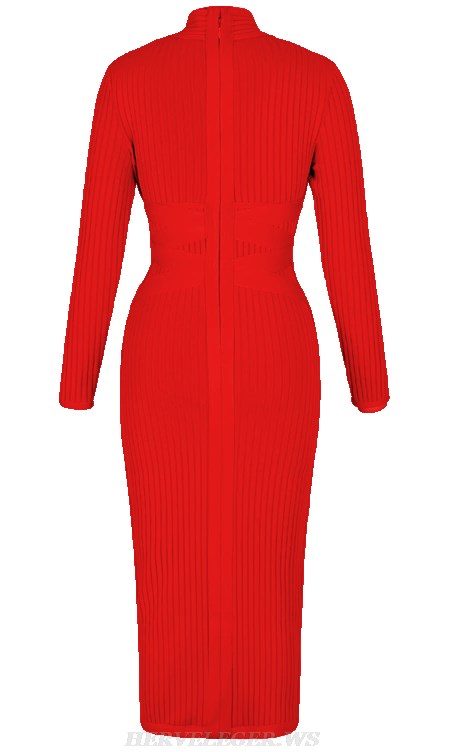Herve Leger Red Long Sleeve Ribbed Bandage Dress