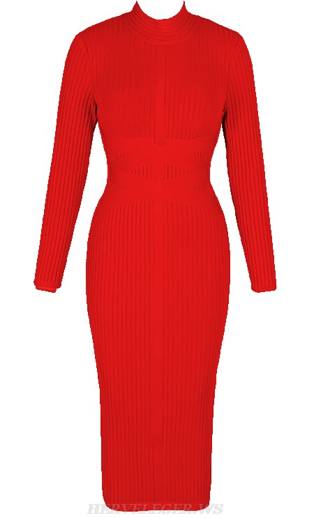 Herve Leger Red Long Sleeve Ribbed Bandage Dress