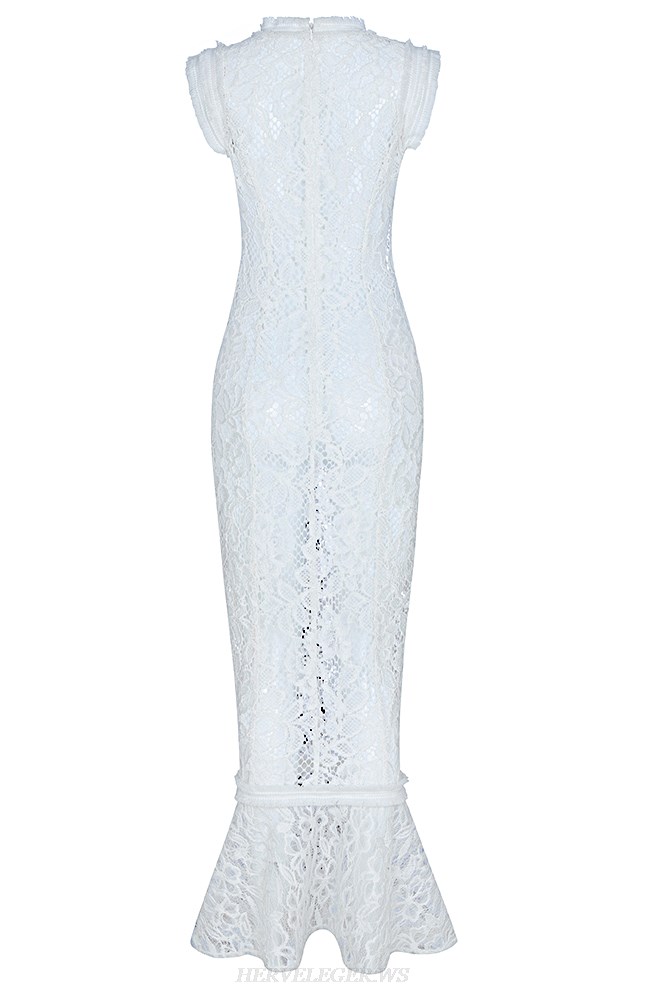 Herve Leger White Crochet Fluted Dress