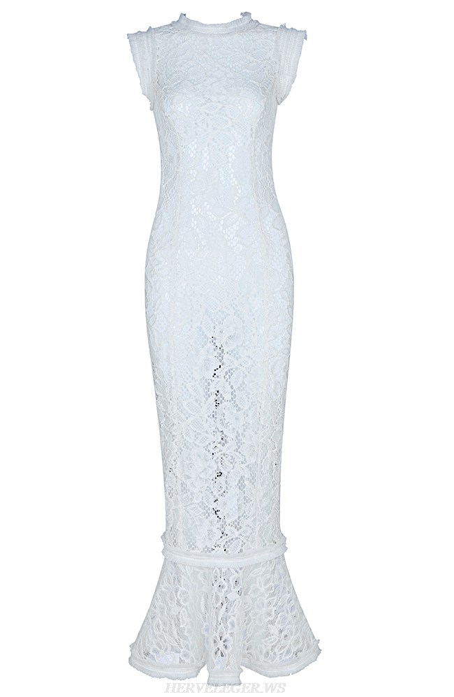 Herve Leger White Crochet Fluted Dress