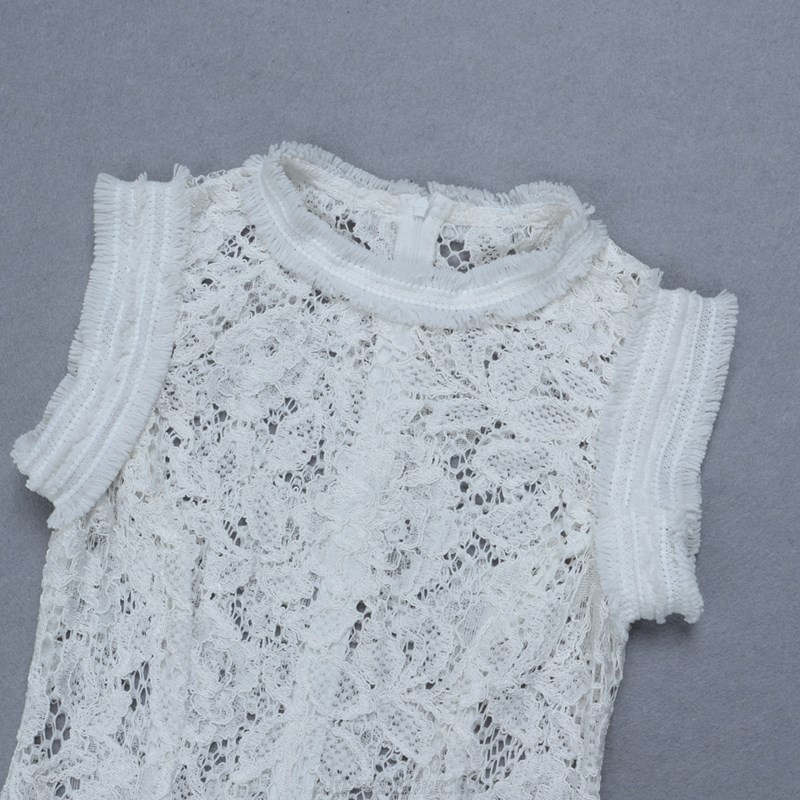 Herve Leger White Crochet Fluted Dress
