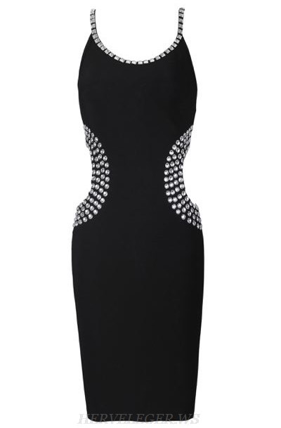 Herve Leger Black Embellished Cut Out Bandage Dress