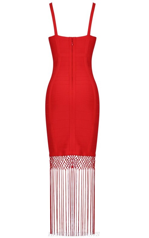 Herve Leger Red Fringe Crochet Bandage Dress