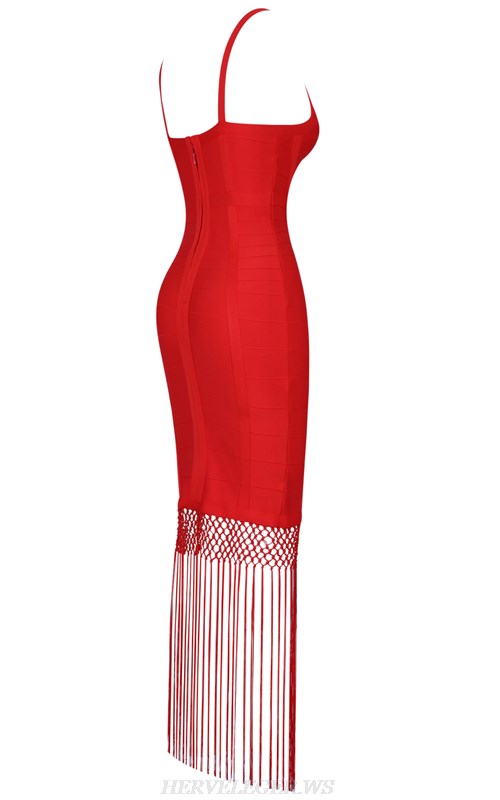 Herve Leger Red Fringe Crochet Bandage Dress