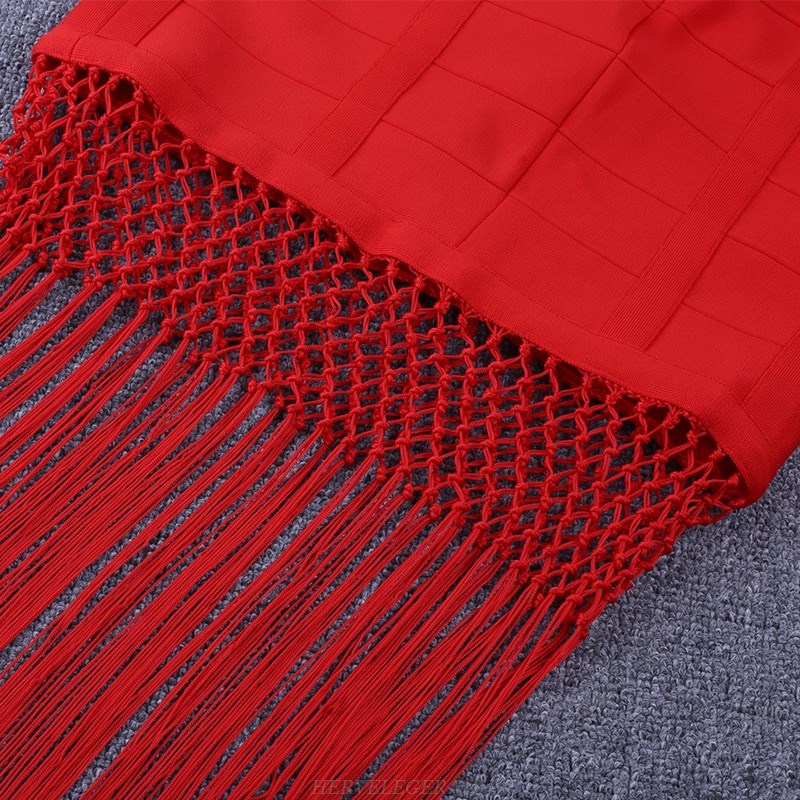 Herve Leger Red Fringe Crochet Bandage Dress